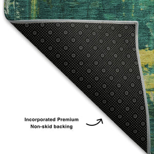 HomeRoots 5' X 8' Abstract Area Rug in Green, Gold & Orange - Washable, UV Protected & Perfect for High-Traffic Areas 709910