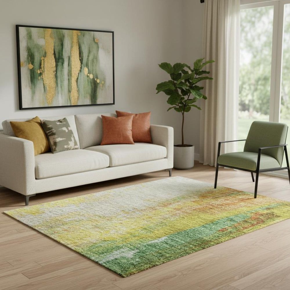 HomeRoots 8' Vibrant Green, Gold & Orange Abstract Washable Round Rug with UV Protection for High Traffic Areas 709911