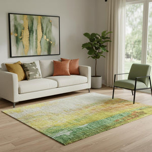HomeRoots 8' Vibrant Green, Gold & Orange Abstract Washable Round Rug with UV Protection for High Traffic Areas 709911