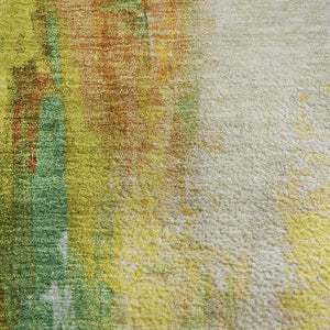 HomeRoots 8' Vibrant Green, Gold & Orange Abstract Washable Round Rug with UV Protection for High Traffic Areas 709911