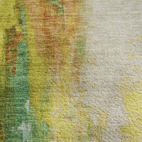 HomeRoots 8' Vibrant Green, Gold & Orange Abstract Washable Round Rug with UV Protection for High Traffic Areas 709911