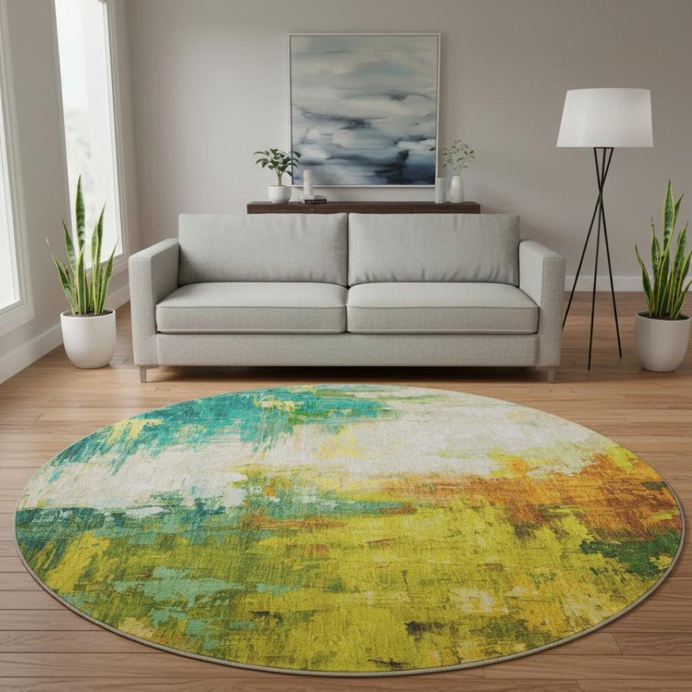 HomeRoots 8' X 10' Vibrant Green Gold Orange Abstract Washable Area Rug with UV Protection for Modern Living 709912