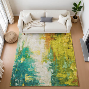 HomeRoots 9' X 12' Vibrant Green, Gold & Orange Abstract Washable Area Rug with UV Protection for Homes 709913
