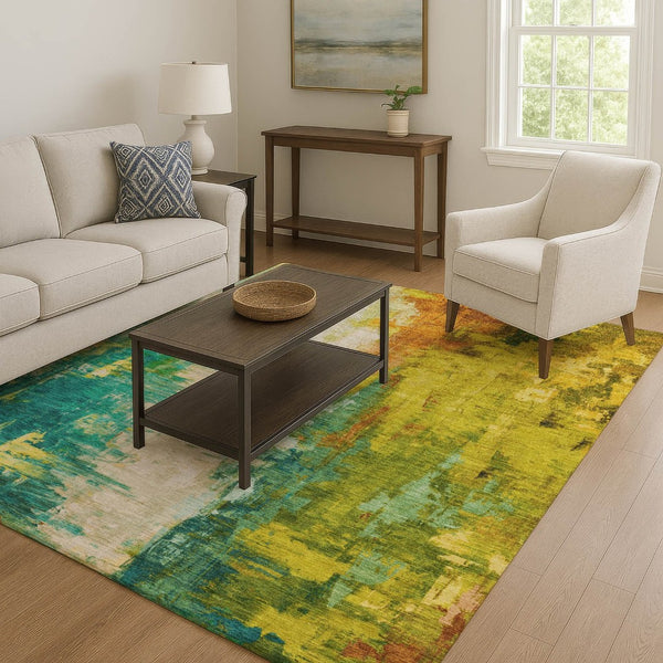 HomeRoots 9' X 12' Vibrant Green, Gold & Orange Abstract Washable Area Rug with UV Protection for Homes 709913