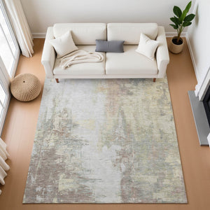 HomeRoots 8' Modern Tan Beige Gray Abstract Washable Round Rug with UV Protection for Family-Friendly Spaces 709923