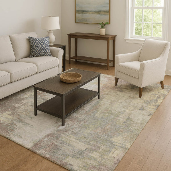HomeRoots 8' Modern Tan Beige Gray Abstract Washable Round Rug with UV Protection for Family-Friendly Spaces 709923