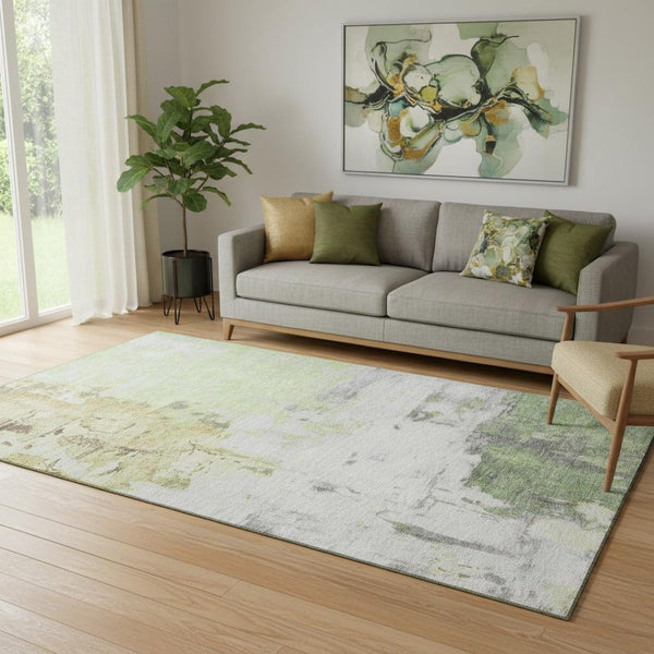 HomeRoots 8' Artichoke Green Ivory Gold Abstract Washable Round Rug - UV Protected, Stain-Resistant, Non-Slip! 709929