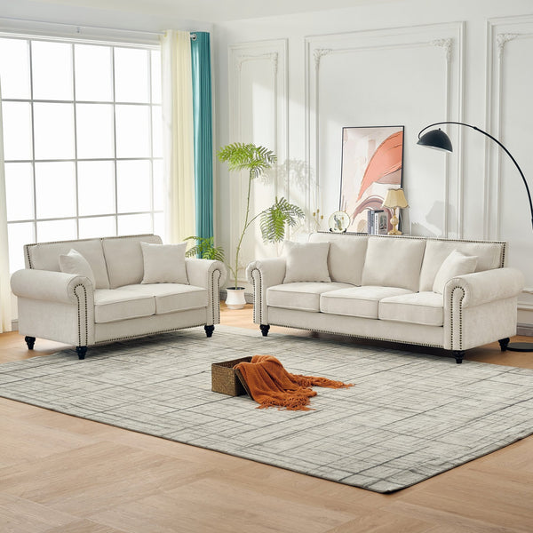 English Elm Modern Chenille 3+2 Seater Sofa with Rolled Arms, Velvet Touch, Nailhead Trim, Solid Wood Legs, Cozy Beige W3373S00022