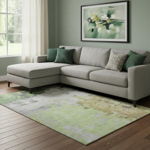 HomeRoots 9' X 12' Artichoke Green Ivory Gold Abstract Washable Area Rug – Durable, UV Protected & Stylish! 709931