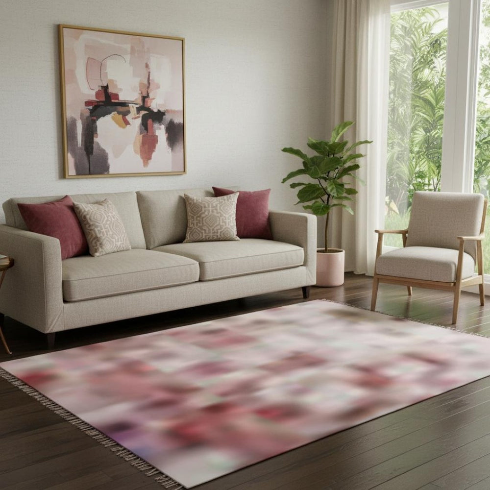 HomeRoots 8' Salmon Abstract Round Rug - Washable, UV-Protected, Stain-Resistant for Homes with Kids & Pets 709935
