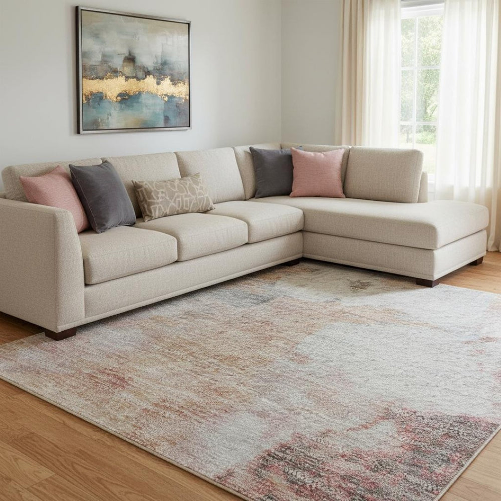 HomeRoots 9' X 12' Salmon Ivory Brown Abstract Washable Area Rug with UV Protection for Modern Spaces 709937