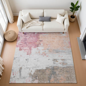 HomeRoots 9' X 12' Salmon Ivory Brown Abstract Washable Area Rug with UV Protection for Modern Spaces 709937