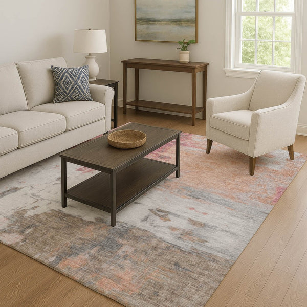 HomeRoots 9' X 12' Salmon Ivory Brown Abstract Washable Area Rug with UV Protection for Modern Spaces 709937