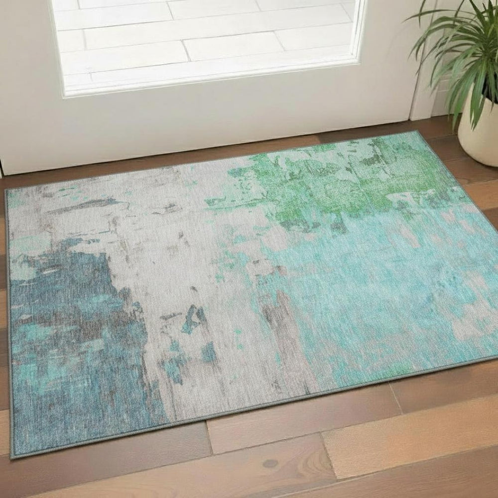 HomeRoots 5' Teal Green & Ivory Abstract Area Rug – Washable, UV Protected, Durable for Family Homes & Kids 709940