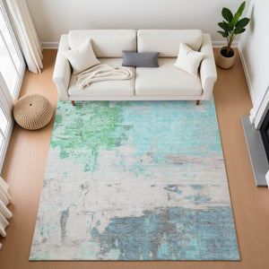 HomeRoots 5' Teal Green & Ivory Abstract Area Rug – Washable, UV Protected, Durable for Family Homes & Kids 709940