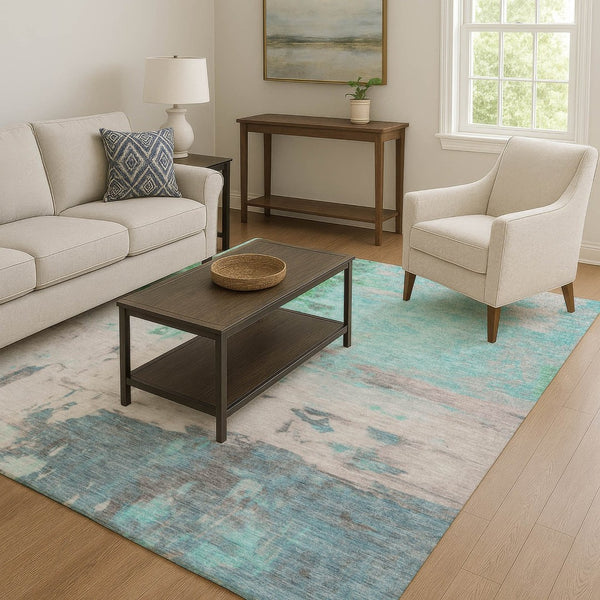 HomeRoots 5' Teal Green & Ivory Abstract Area Rug – Washable, UV Protected, Durable for Family Homes & Kids 709940