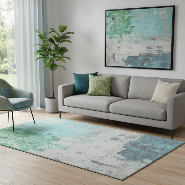 HomeRoots 8' Teal Green & Ivory Abstract Round Rug - Washable, UV Protected, Stylish & Durable for Any Space 709941
