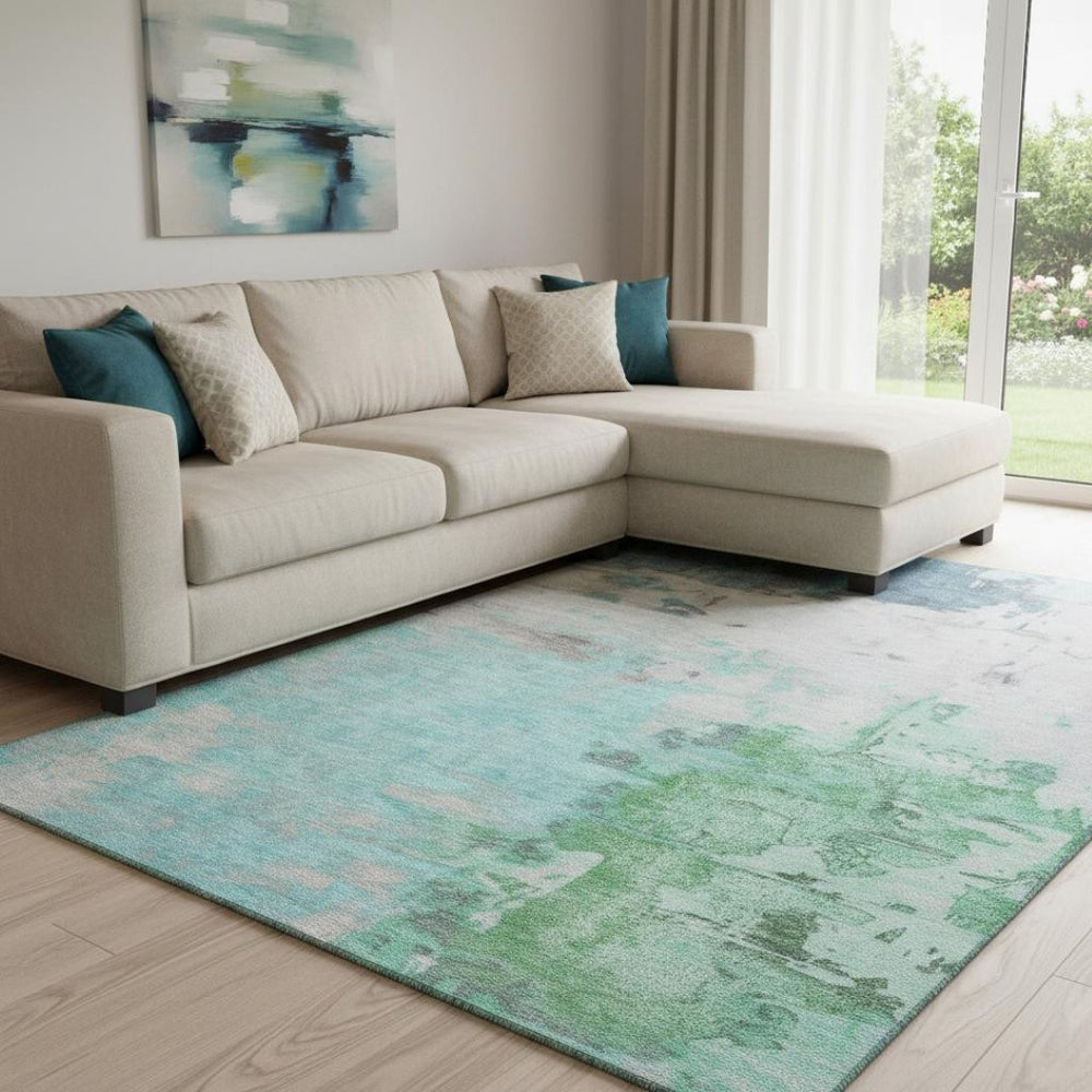 HomeRoots 9' X 12' Teal Green and Ivory Abstract Area Rug - Washable, UV-Protected, Durable for Modern Homes 709943