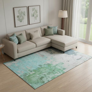 HomeRoots 10' Teal Green & Ivory Abstract Washable Area Rug with UV Protection - Perfect for High-Traffic Spaces! 709944