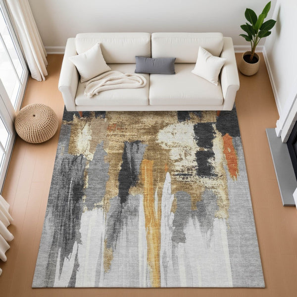 HomeRoots 8' Modern Abstract Washable Round Rug in Black, Gray, Brown | UV Protected, Stain-Resistant Design 709947