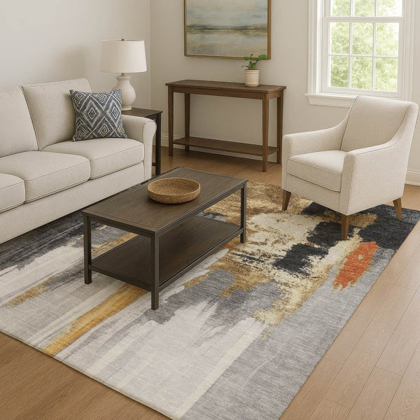 HomeRoots 8' Modern Abstract Washable Round Rug in Black, Gray, Brown | UV Protected, Stain-Resistant Design 709947