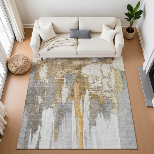 HomeRoots 5' X 8' Modern Abstract Area Rug in Ivory, Brown & Gray – Washable, UV Protected, Durable Design 709952