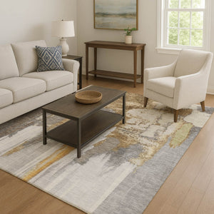 HomeRoots 5' X 8' Modern Abstract Area Rug in Ivory, Brown & Gray – Washable, UV Protected, Durable Design 709952