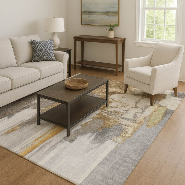 HomeRoots 5' X 8' Modern Abstract Area Rug in Ivory, Brown & Gray – Washable, UV Protected, Durable Design 709952