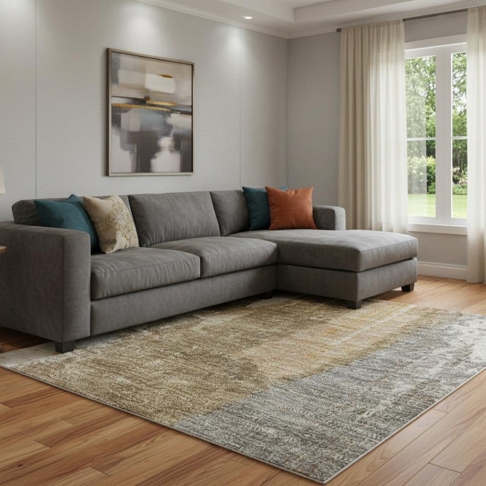 HomeRoots 9' X 12' Ivory Brown Gray Abstract Area Rug - Washable, Stain-Resistant, UV Protected for High Traffic Areas 709955