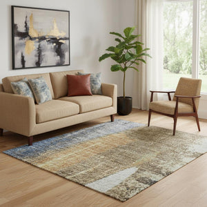 HomeRoots 8' Stylish Navy Blue Ivory Brown Abstract Washable Round Rug - UV Resistant & Non-Slip Backing 709959
