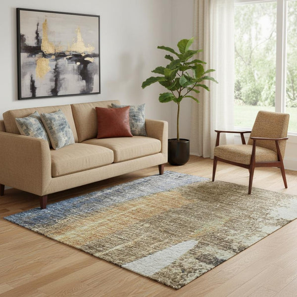 HomeRoots 8' Stylish Navy Blue Ivory Brown Abstract Washable Round Rug - UV Resistant & Non-Slip Backing 709959
