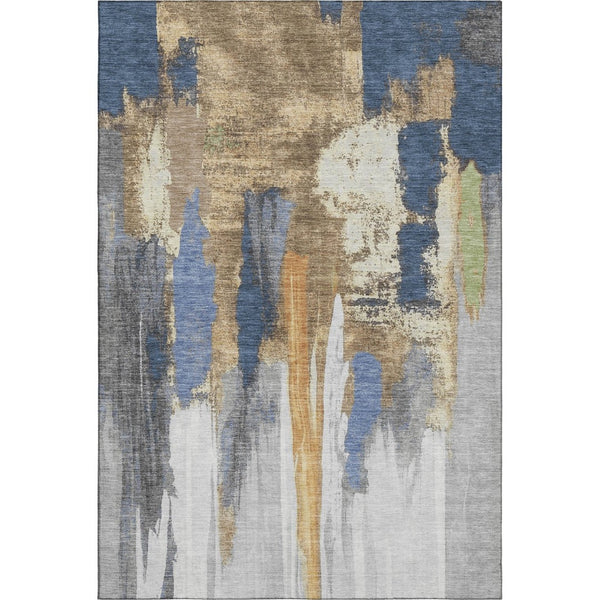 HomeRoots 8' Stylish Navy Blue Ivory Brown Abstract Washable Round Rug - UV Resistant & Non-Slip Backing 709959