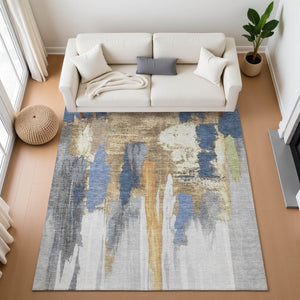 HomeRoots 9' X 12' Abstract Washable Area Rug in Navy Blue & Ivory - UV Protected, Stain Resistant & Durable Design 709961
