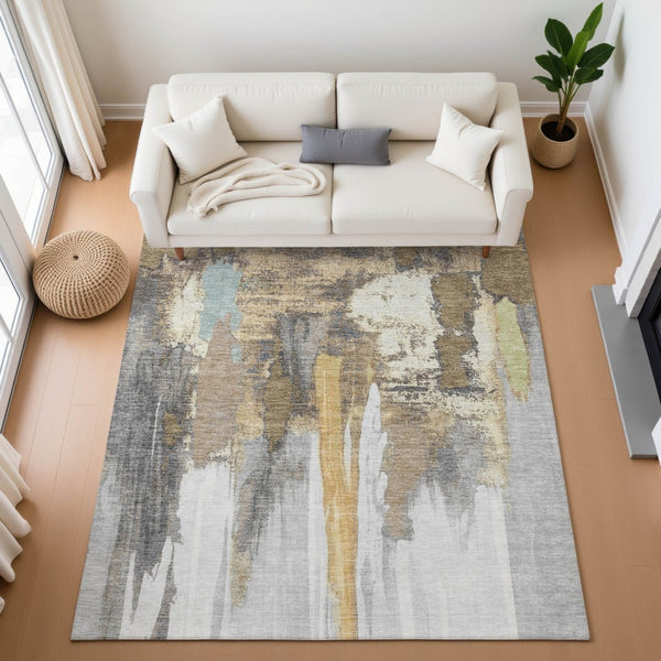 HomeRoots 9' X 12' Washable Abstract Area Rug in Taupe, Ivory & Gray with UV Protection for Modern Homes 709967