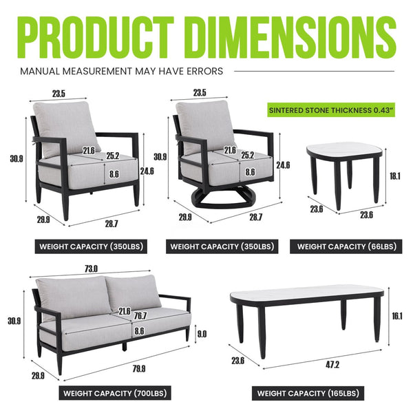 English Elm 6pc Outdoor Conversation Set Sintered Stone Sunbrella Aluminum Patio Resort Lounge W1886S00045