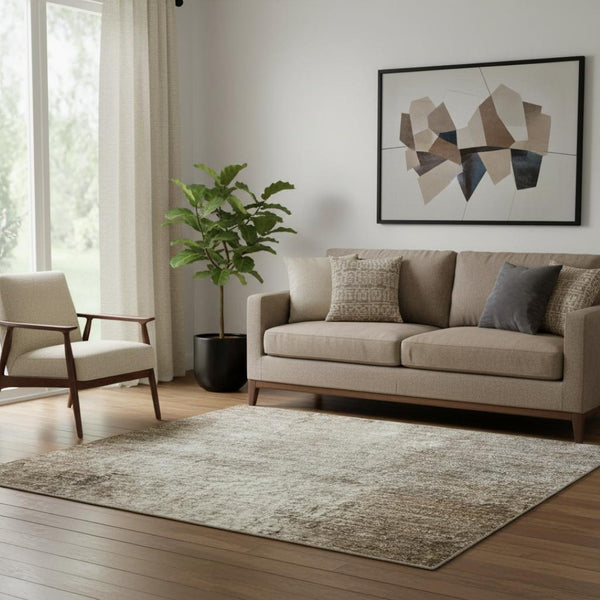 HomeRoots 8' Brown Gray and Ivory Abstract Round Rug – Washable, UV Protected, Durable & Ideal for Busy Homes 709983