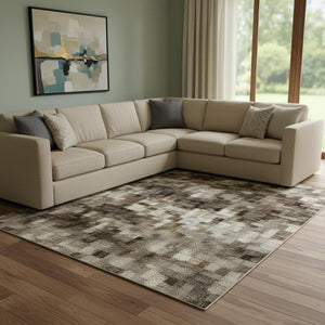 HomeRoots 9' X 12' Washable Area Rug in Brown, Gray & Ivory - UV Protected, Durable, Perfect for Busy Homes! 709985