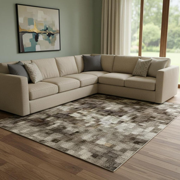 HomeRoots 9' X 12' Washable Area Rug in Brown, Gray & Ivory - UV Protected, Durable, Perfect for Busy Homes! 709985