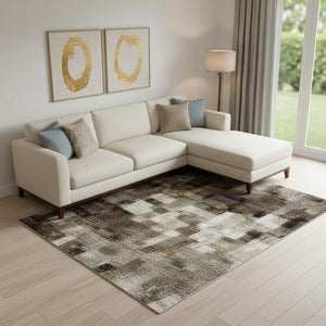 HomeRoots 10' X 14' Abstract Area Rug in Brown, Gray & Ivory - Washable, UV-Protected, Perfect for High-Traffic Spaces! 709986