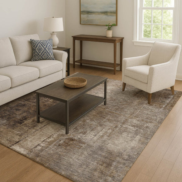 HomeRoots 10' X 14' Abstract Area Rug in Brown, Gray & Ivory - Washable, UV-Protected, Perfect for High-Traffic Spaces! 709986
