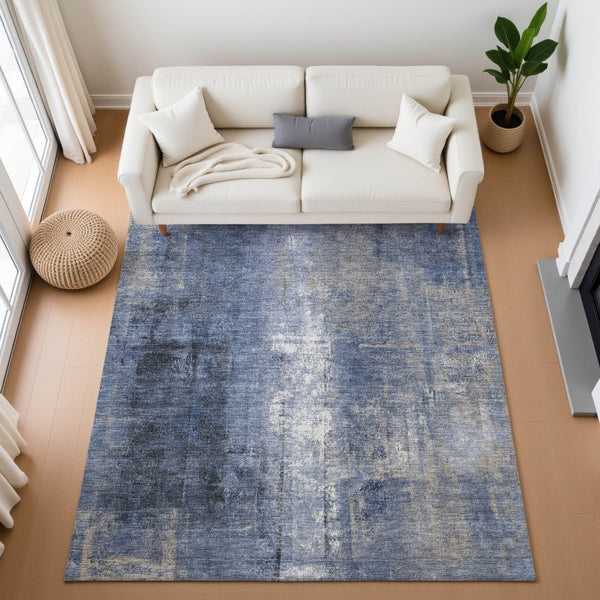 HomeRoots 9' X 12' Navy Blue Abstract Area Rug - Washable, UV-Protected, Stain-Resistant for Modern Homes 709997