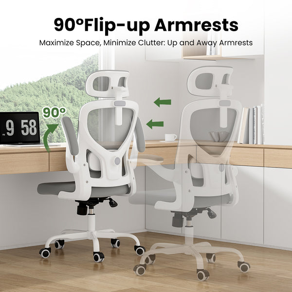 English Elm Ergonomic Office chair with adjustable headrest and lumbar support, breathable mesh, space-saving design Gray,White T3623P368561