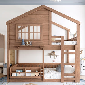 English Elm Full Bunk Bed with Trundle Bookshelf Storage Pine Frame Car Design for Kids Natural W1580S00522