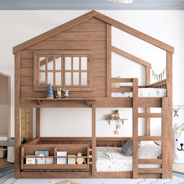 English Elm Full Bunk Bed with Trundle Bookshelf Storage Pine Frame Car Design for Kids Natural W1580S00522