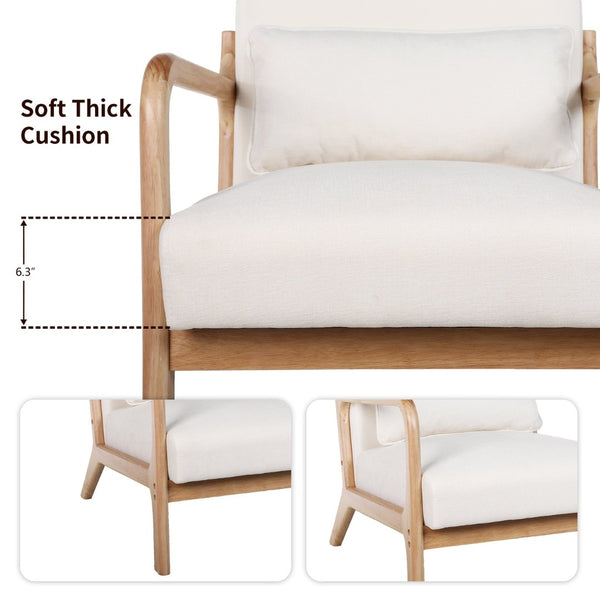 English Elm Mid Century Modern Accent Chair Solid Rubberwood Frame Lumbar Pillow Beige Living Room W2989P426363