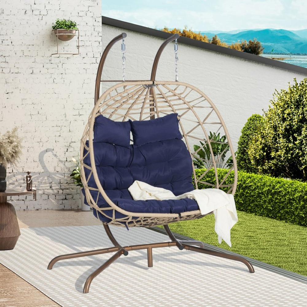 English Elm Double Hanging Egg Chair Wicker Cocoon Swing with Iron Stand for Patio Balcony W874P270568