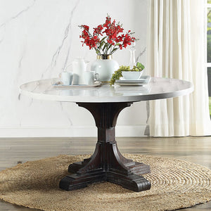 English Elm Round Elegant Pedestal Dining Table with White Faux Marble Top and Weathered Espresso Carved Base B016S00013