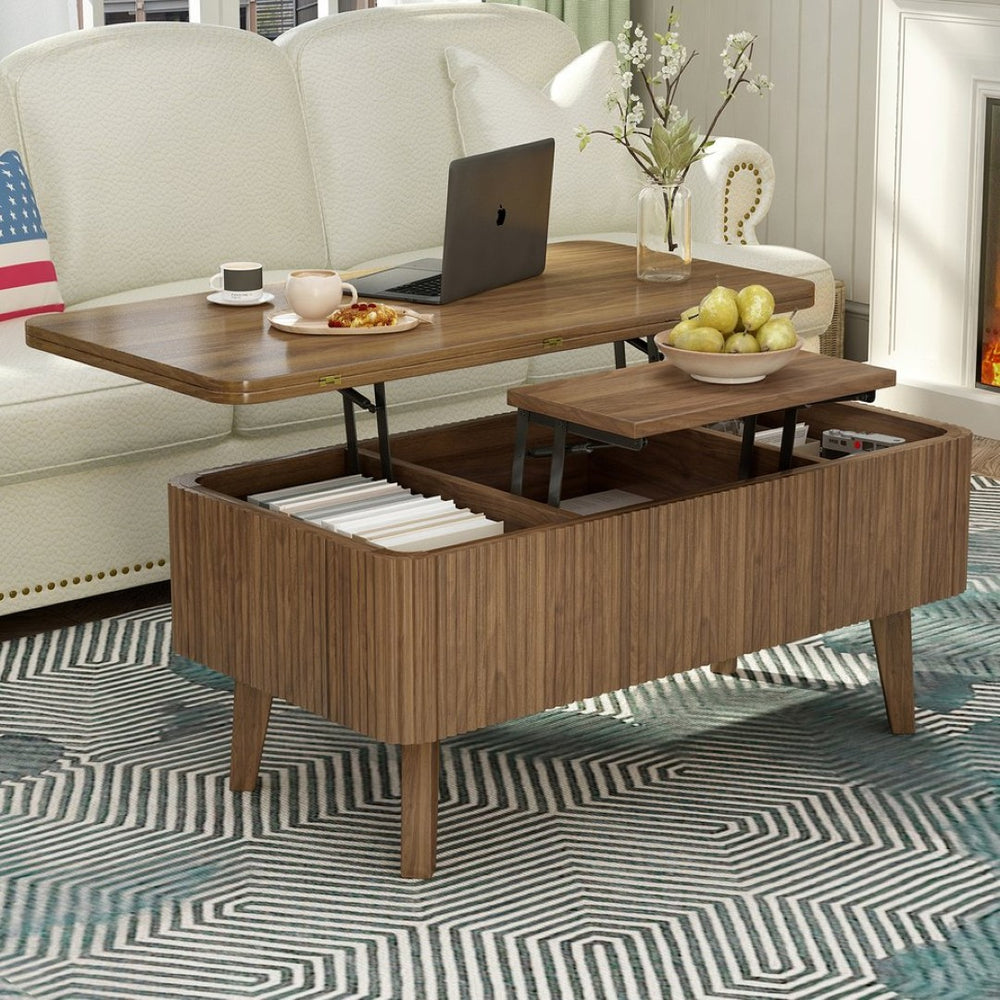 English Elm 3 in 1 Oval Lift Top Coffee Table Fluted Wood Storage Converts for Living Room W2641P422965