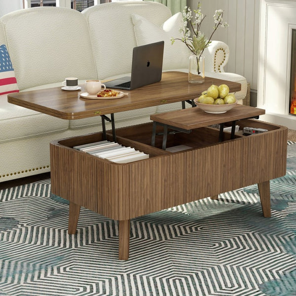 English Elm 3 in 1 Oval Lift Top Coffee Table Fluted Wood Storage Converts for Living Room W2641P422965