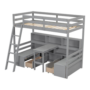 English Elm Twin Low Loft Bed with Pull Out Desk Drawers Cabinet and Shelves for Kids Grey W697S00035